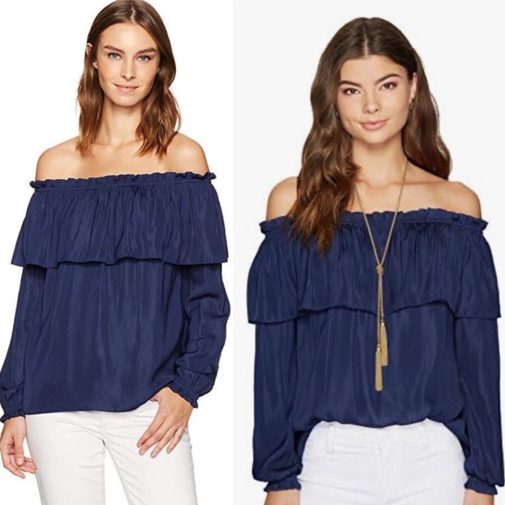 Lilly Pulitzer Women's Dee Top Small Satin Off-Shoulders Long Sleeve Navy Blouse